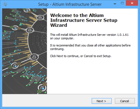 Initial welcome page for the Altium Infrastructure Server Setup wizard.