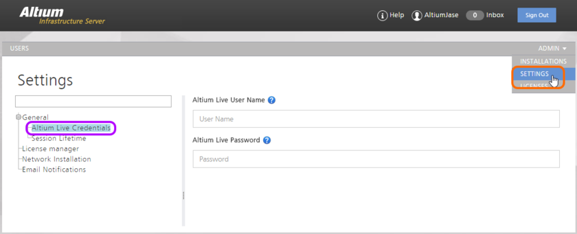 Enter your AltiumLive credentials as part of the general settings for the Infrastructure Server. These are required to be able to acquire Altium products and extensions from

Altium's secure storage in the cloud (the Altium Cloud Repository, if you will). Hover over the image to see an example of these fields filled in. Remember to click the Save button

to effect the changes made to this page.