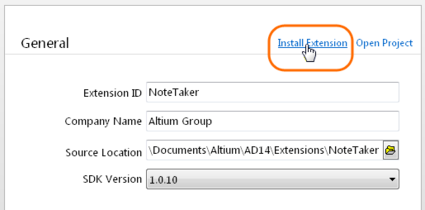 An existing extension project can be installed in Altium Designer by loading its EPD document and clicking on the Install Extension command in the DXP Developer interface.