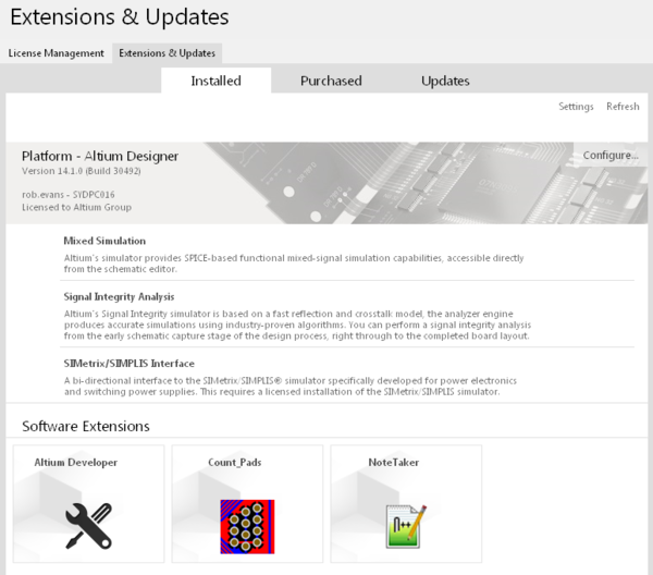 Installed DXP Developer extension projects can be installed and managed in Altium Designer via the Extensions & Updates page.