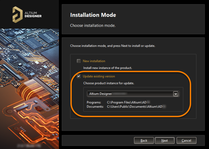 Choose to update an existing instance of Altium Designer during installation of a later version of the software.