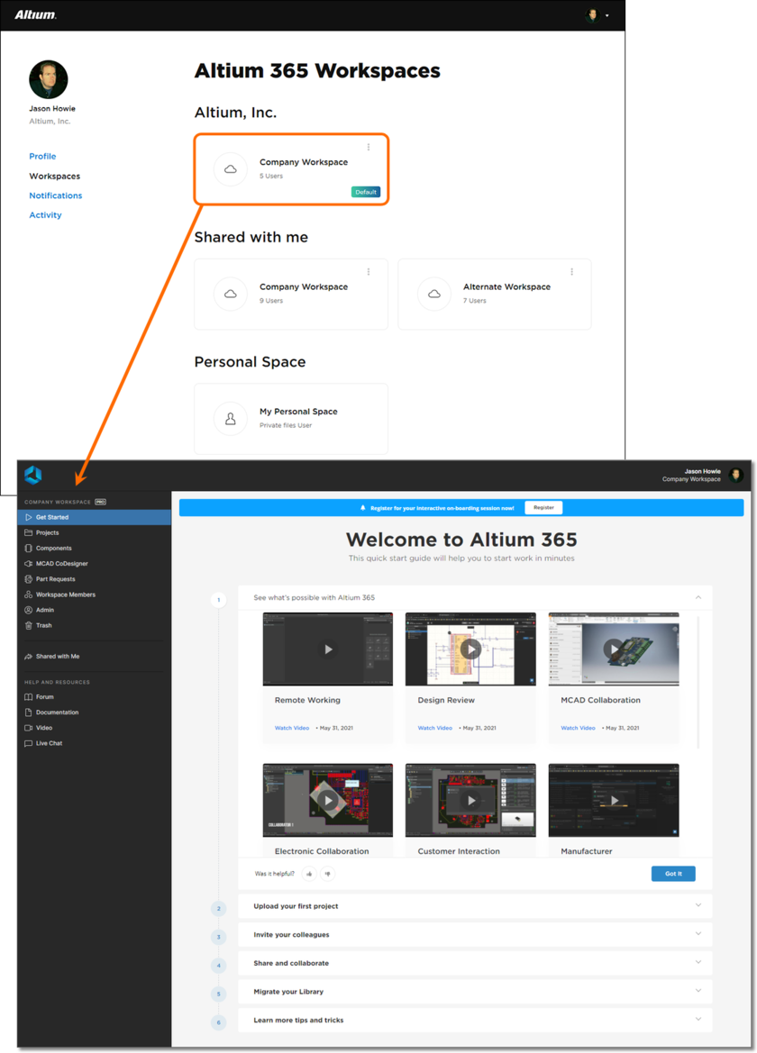 Example access of the Altium 365 Platform Interface, of which the chosen Workspace is a part, indirectly from your AltiumLive Profile page.