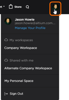Once signed in, the control changes to your AltiumLive picture and provides access to your AltiumLive account menu.
